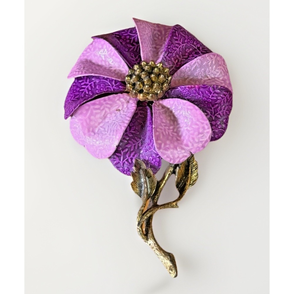 Hady Vintage Metal Enamel Purple Gold Flower Brooch Pin Floral Retro Boho